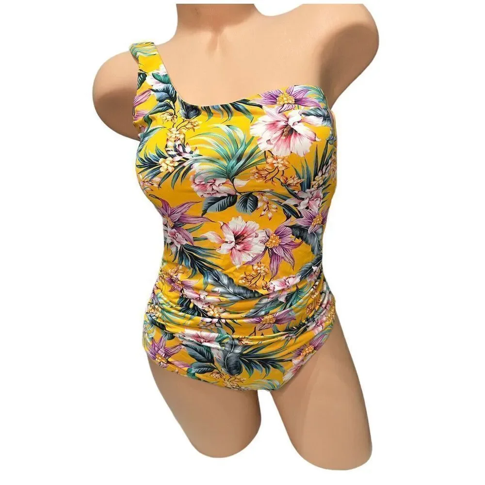 Nip Tuck Rhonda One‎ Shoulder Swimsuit Tropical Floral Womens Size 10